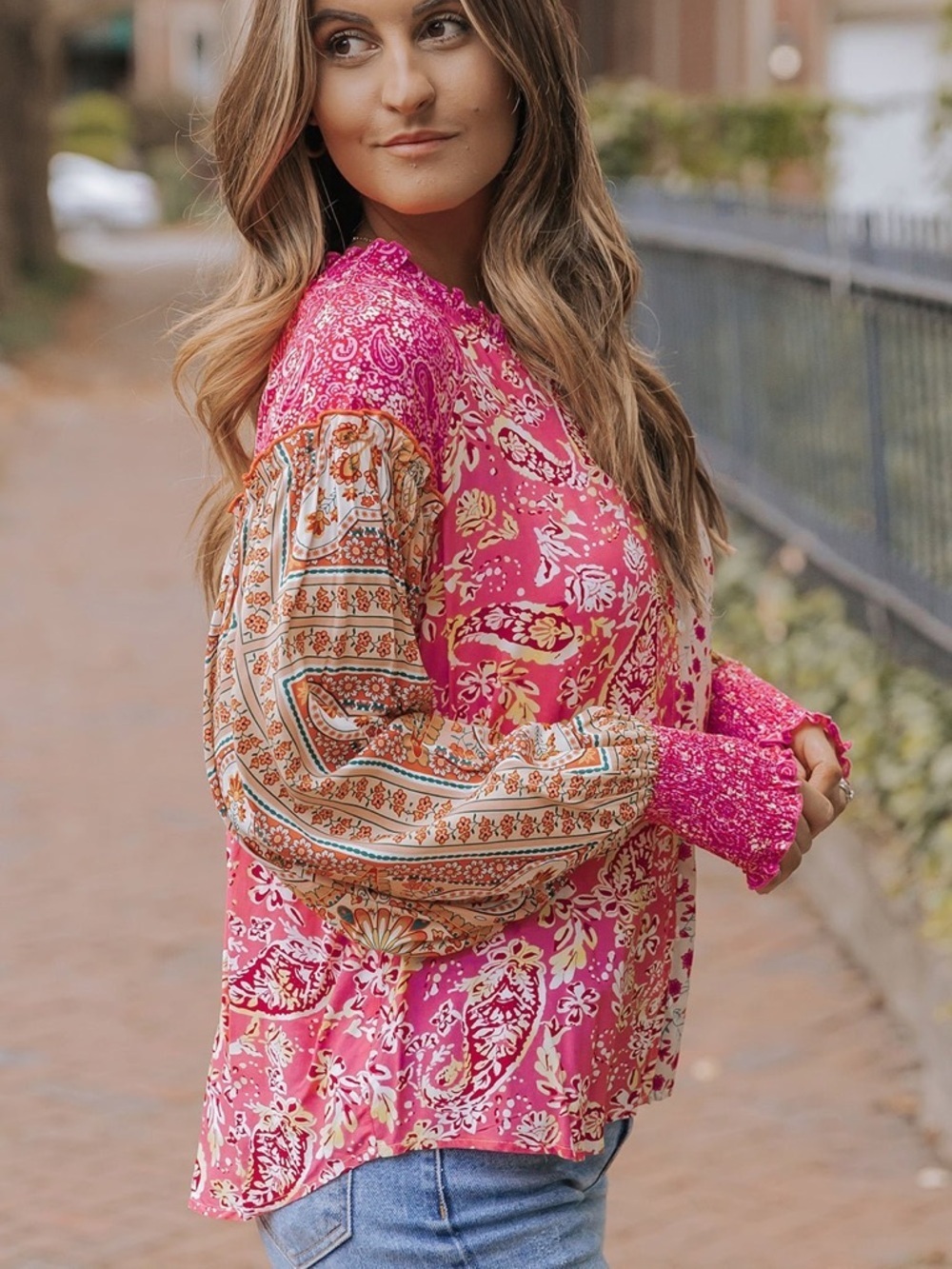 Boho Mixed Floral & Paisley Print Button Front Blouse - Size Large - Picture 3 of 10